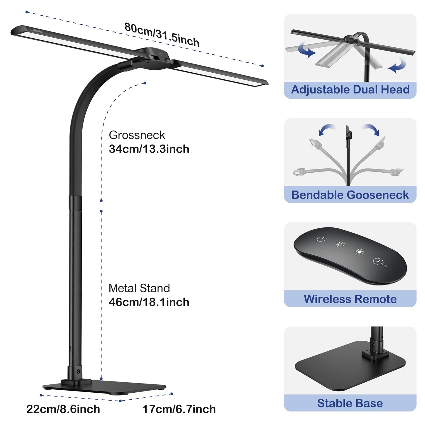 Desk Lamp with USB Charging Port for Home Office 24w Architect Remote Base Dual Task Led Light Modern 5 Color Modes Dimmable Adjustable Gooseneck Double Head Reading Drafting Eye Caring Tall Lamps