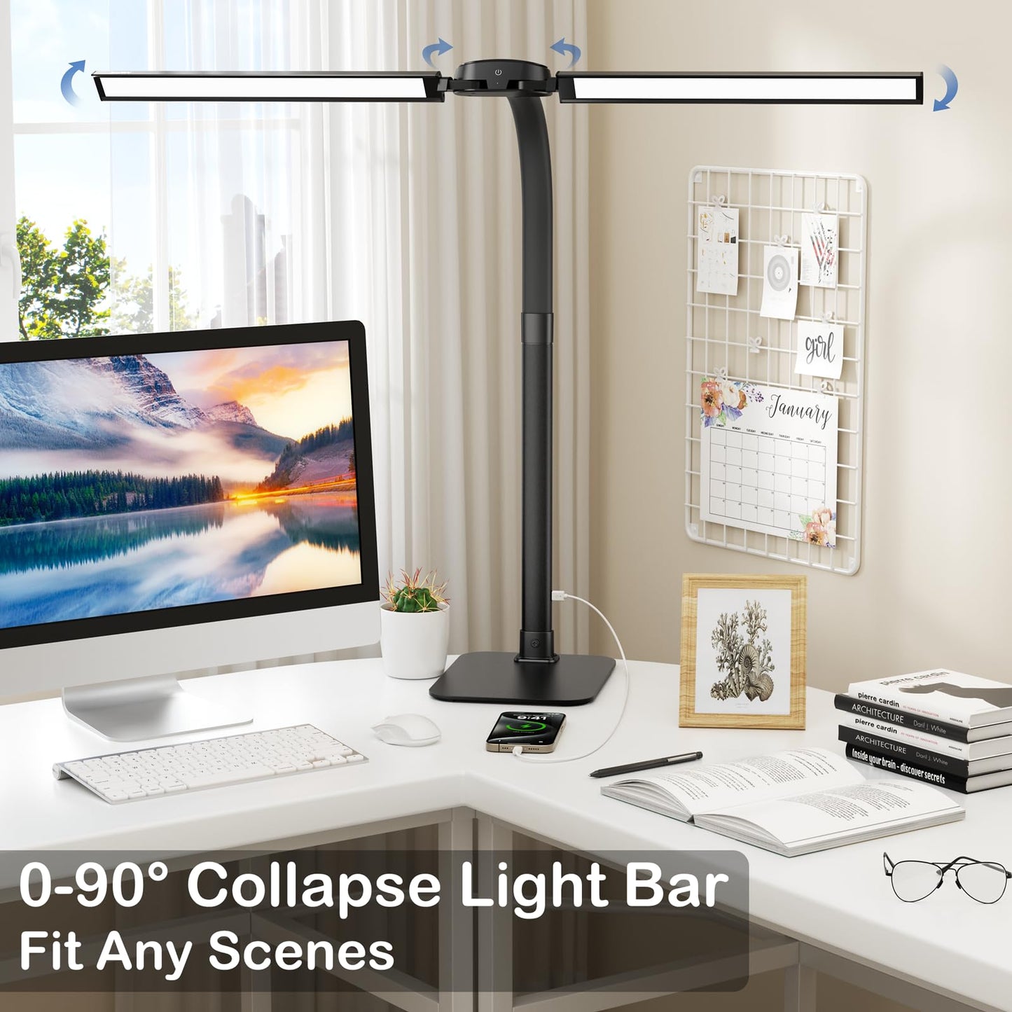 Desk Lamp with USB Charging Port for Home Office 24w Architect Remote Base Dual Task Led Light Modern 5 Color Modes Dimmable Adjustable Gooseneck Double Head Reading Drafting Eye Caring Tall Lamps